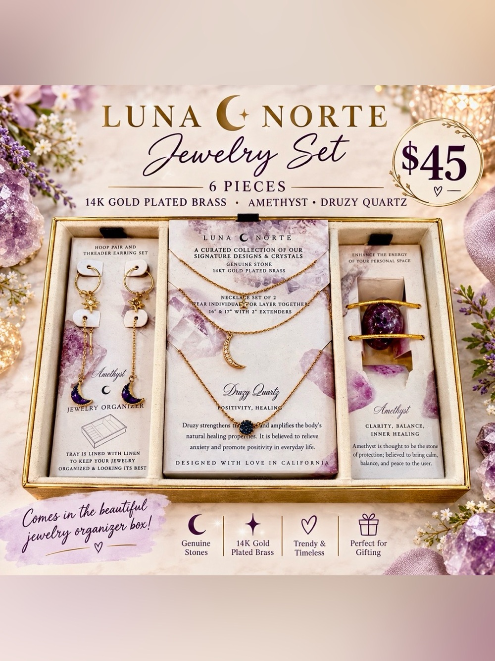 14K Gold Plated Amethyst & Druzy Quartz Jewelry Set